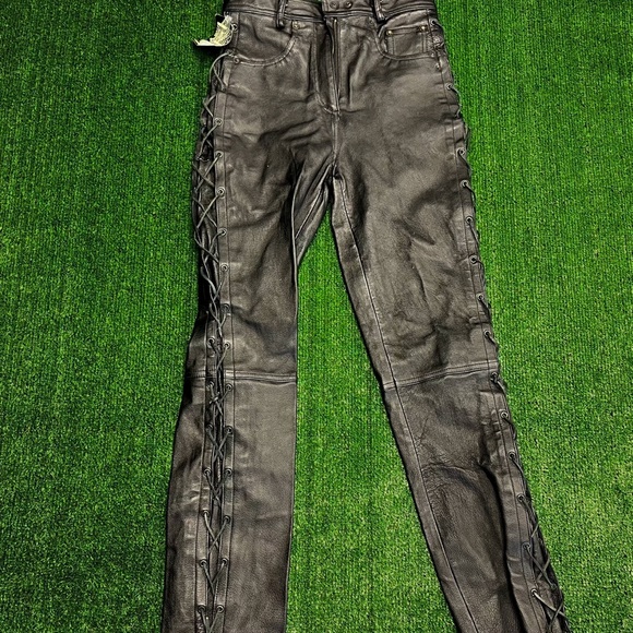 Women's Black Lace-Up Leather pants - Picture 1 of 5
